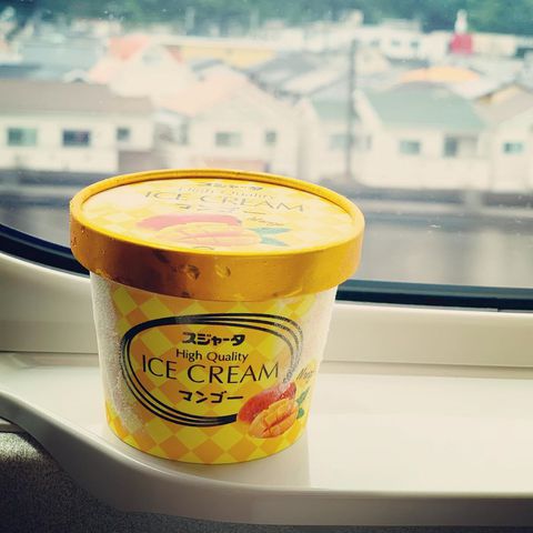 新幹線。乗って食べたり飲んだりしてみたいです。スジャータめいらくのアイスクリーム・サントリープレミアムモルツ