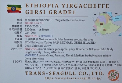 エチオピアのゲルシG-1  ウオシュド、ナチュラル　焙煎